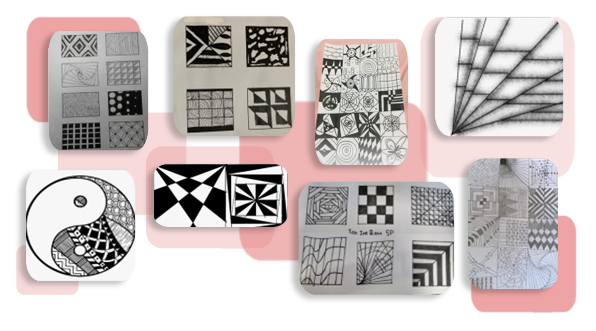 Seven samples of Primary 5 and 6 students' artwork showcasing intricate black-and-white zentangle and geometric pattern drawings. The pieces feature detailed repetitive patterns including diamonds, spirals, checkerboards, radiating lines, and a yin-yang symbol filled with elaborate designs, demonstrating students' advanced skills in line work, texture, and visual art.